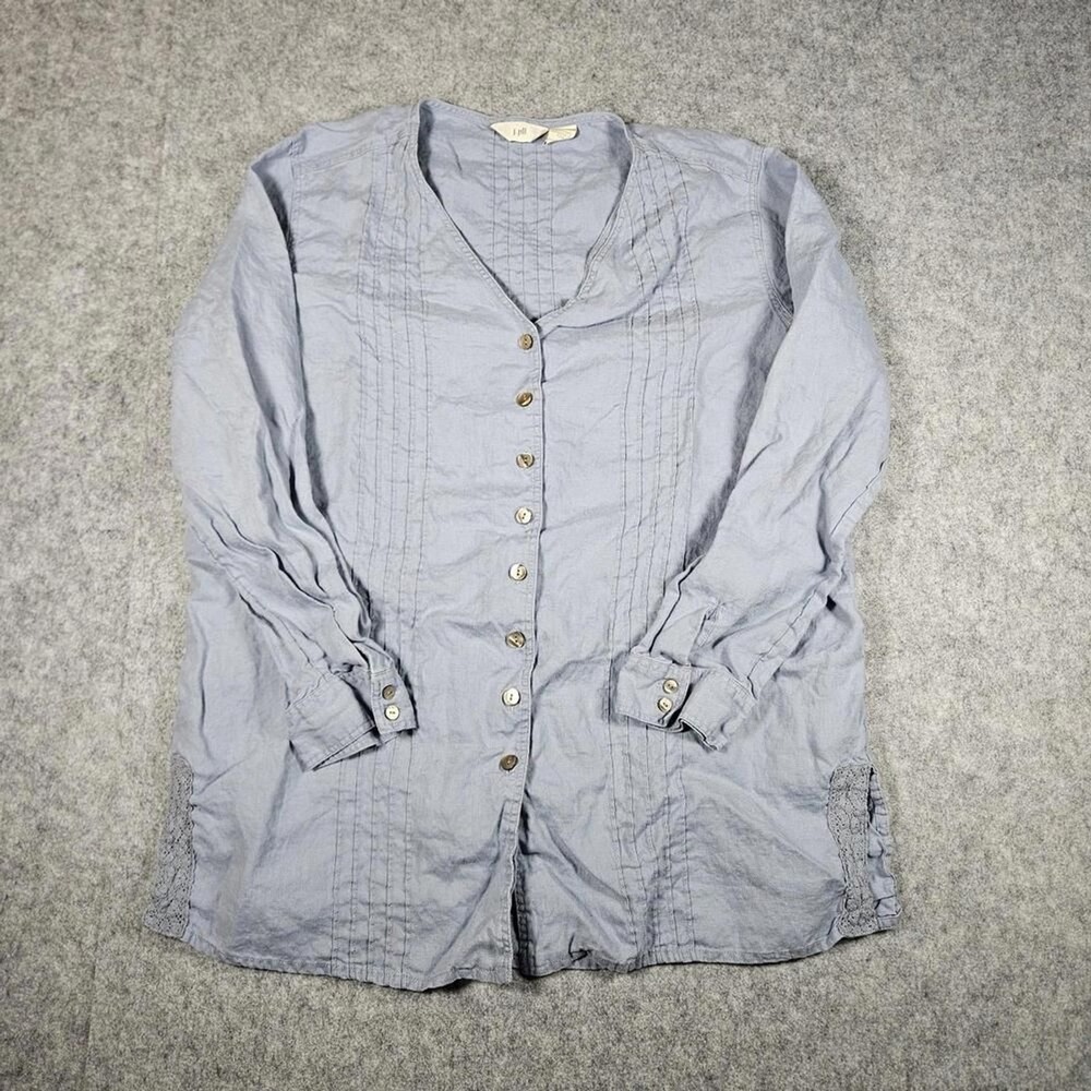 J. Jill Womens Linen Button Down Blue Pintuck Summer Casual Natural Eco Sz M